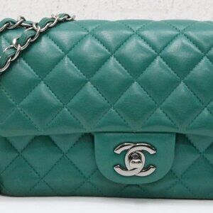 Chanel Mini Rectangular Quilted Lambskin Flap Bag Green Silver Hardware 23209578